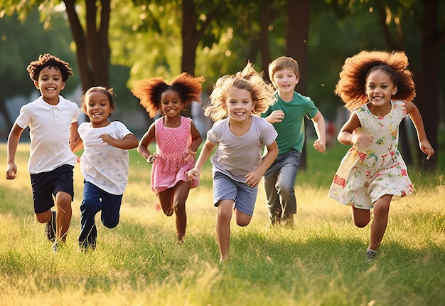 Photo photo d'enfants mignons qui courent et jouent sur le pré vert en été