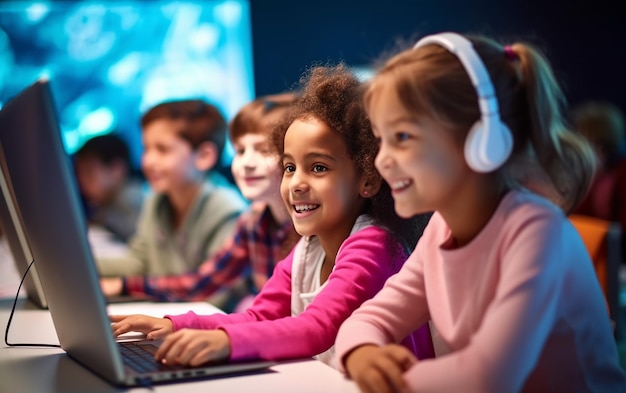 Photo d'enfants qui apprennent l'ordinateur dans leur salle de classe