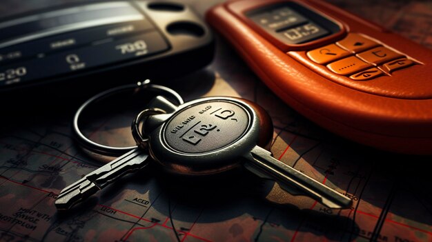 Une photo d'un ensemble de clés de voiture et d'une lecture d'un compteur kilométrique