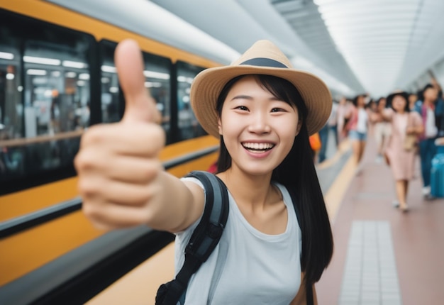 Une photo enthousiaste fille voyageur touriste asiatique