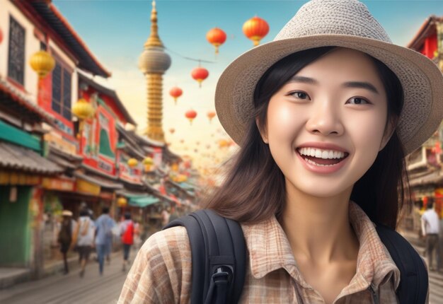 Une photo enthousiaste fille voyageur touriste asiatique