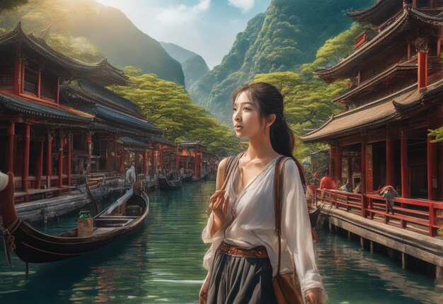 Une photo enthousiaste fille voyageur touriste asiatique