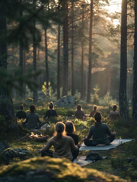 Photo d'enthousiastes du yoga pratiquant dans une forêt suédoise sereine avec des activités familiales Job Care