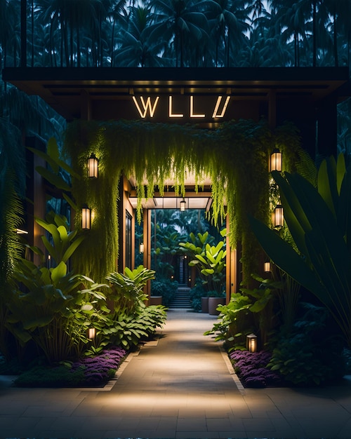 Photo de l'entrée d'un complexe tropical luxueux la nuit