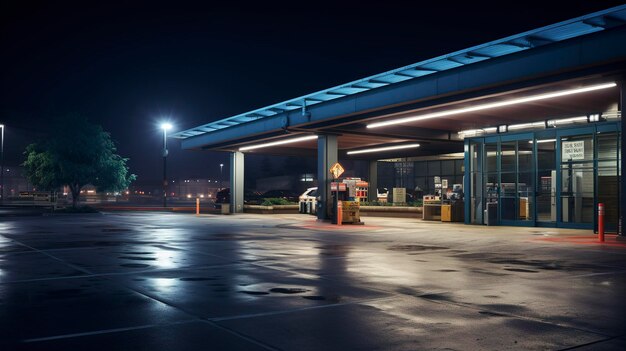 Une photo de l'entrée d'une installation de location de voitures bien éclairée