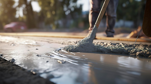 Une photo d'un entrepreneur coulant une nouvelle fondation en béton