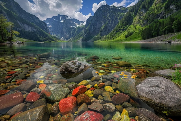 Une photo époustouflante de belles pierres sous l'eau turquoise d'un lac et des collines en arrière-plan