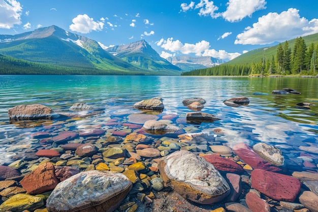 Une photo époustouflante de belles pierres sous l'eau turquoise d'un lac et des collines en arrière-plan