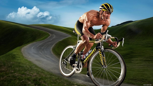 Une photo époustouflante d'un cycliste dévoué pédalant furieusement sur une colline sinueuse et escarpée