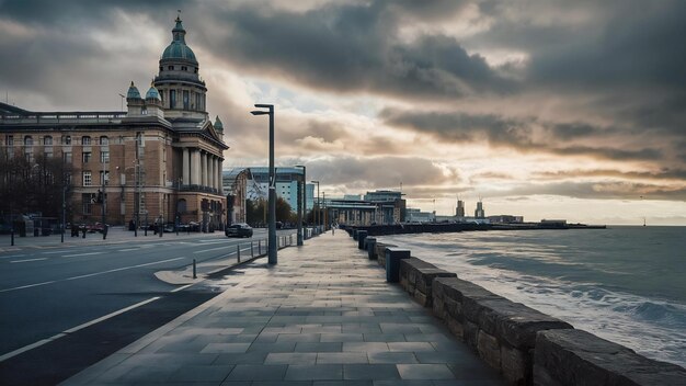 Photo une photo époustouflante du trottoir près de la mer à liverpool par une journée nuageuse