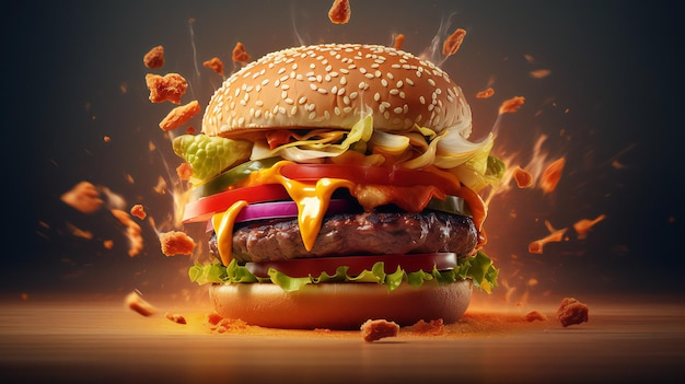 Photo une photo époustouflante d'un grand hamburger juteux et de frites avec du feu ai générative