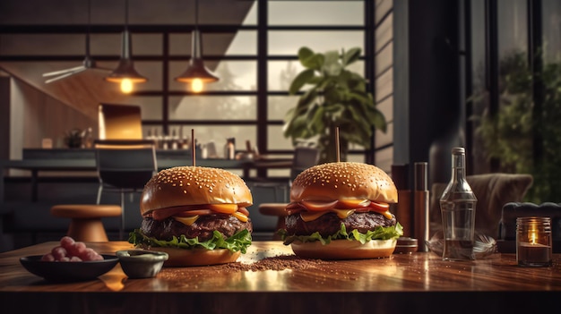 Photo une photo époustouflante d'un grand hamburger juteux et de frites avec du feu ai générative