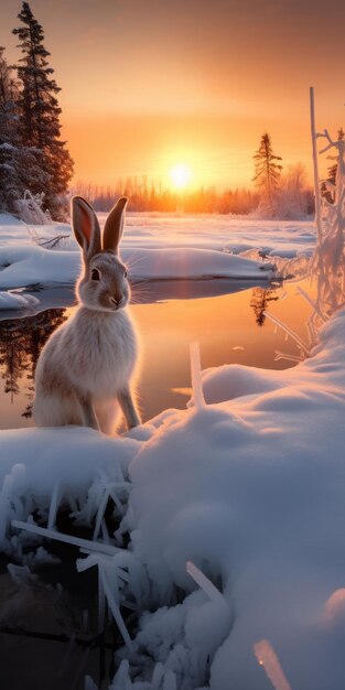 Photo une photo époustouflante d'un marais, d'un paysage gelé avec un lièvre à chaussures de neige