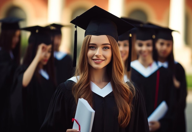 Photo d'une équipe de remise des diplômes d'étudiants heureux avec chapeau de remise des diplômes et diplôme