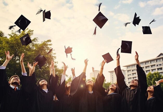 Photo d'une équipe de remise des diplômes d'étudiants heureux avec chapeau de remise des diplômes et diplôme