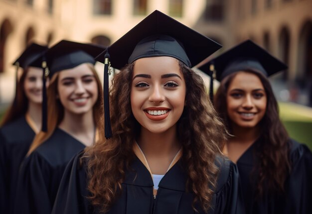 Photo d'une équipe de remise des diplômes d'étudiants heureux avec chapeau de remise des diplômes et diplôme