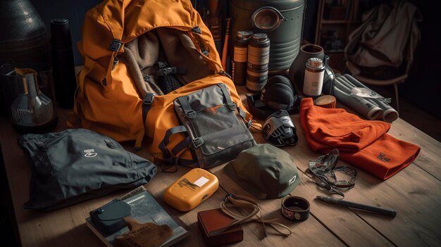 Photo une photo de l'équipement et des accessoires d'aventure en plein air