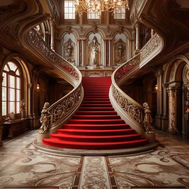 Photo escalier rouge moderne et luxueux de l'appartement du manoir et de la zone extérieure