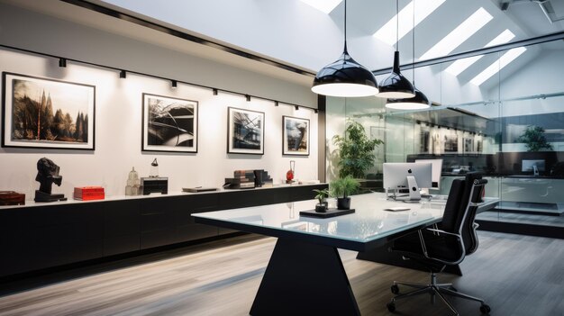 Une photo d'un espace de bureau contemporain avec un éclairage de voie de bureau en verre
