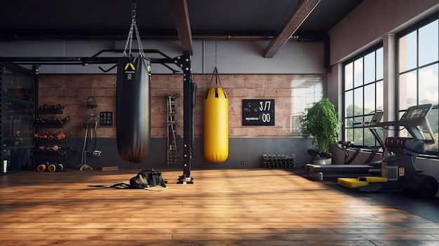 Une photo d'un espace d'entraînement avec un sac de boxe pour le cardio