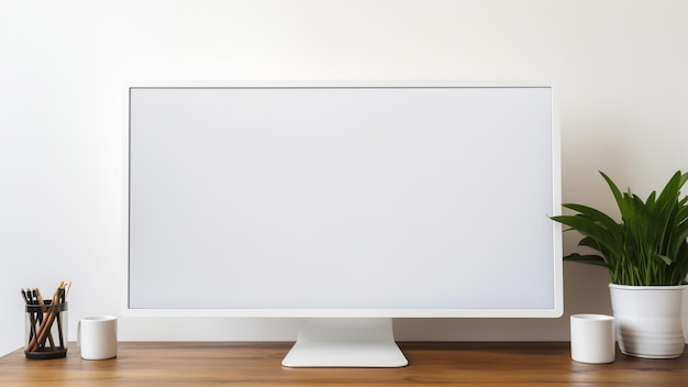 Photo photo de l'espace de travail contemporain moniteur à écran blanc sur un bureau de travail moderne equipement sur l'onglet