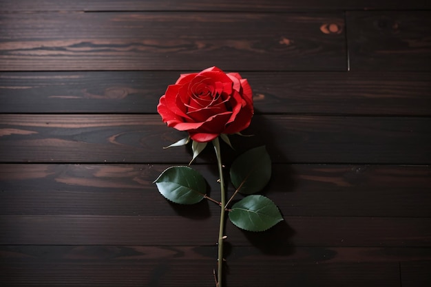 Photo esthétique de rose rouge posée à plat sur une table en bois, vue de dessus