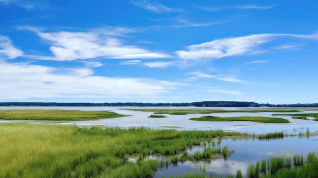 Une photo d'un estuaire avec des champs ouverts de marais salés