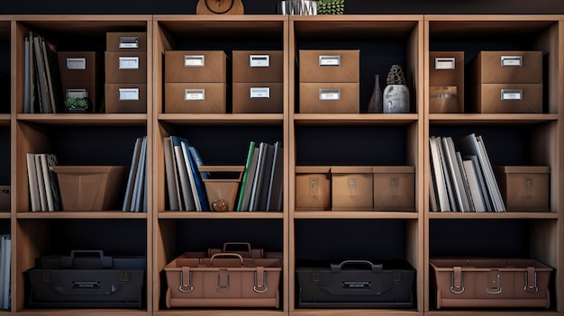 Une photo d'une étagère avec des bacs de stockage de bureau