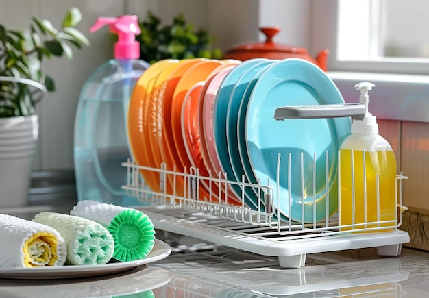 Photo d'un étagère à vaisselle avec des assiettes blanches et colorées propres, un plateau de lavage pour les repas ou le dîner