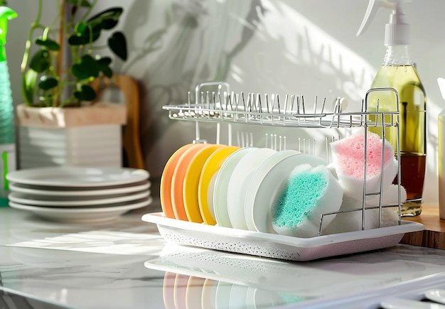 Photo d'un étagère à vaisselle avec des assiettes blanches et colorées propres, un plateau de lavage pour les repas ou le dîner