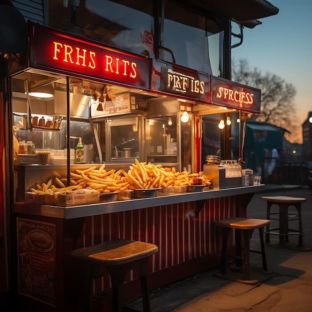 photo d'un étal de frites à la lumière du jour d'une fête foraine