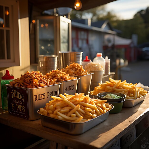 photo d'un étal de frites à la lumière du jour d'une fête foraine