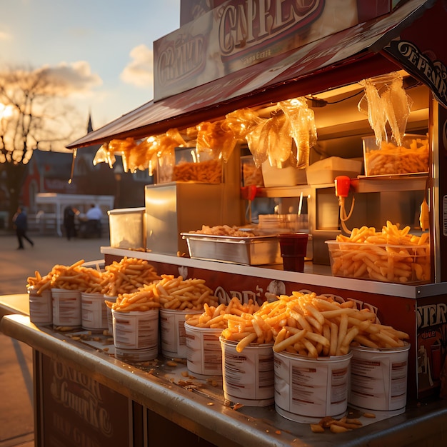 photo d'un étal de frites à la lumière du jour d'une fête foraine