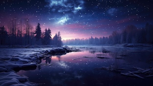Une photo d'un étang gelé sous le ciel bleu étoilé de minuit en hiver