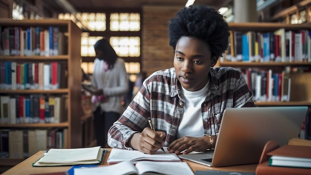 Une photo d'un étudiant afro-américain sérieux prenant des notes pour faire des recherches.