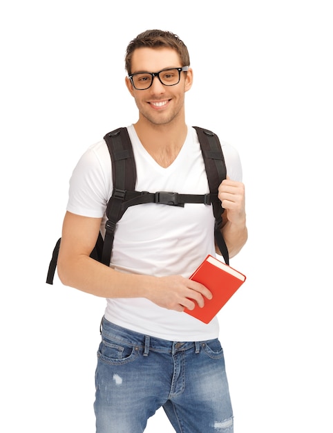 photo d'étudiant avec sac à dos et livre dans les spécifications