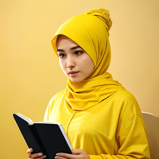 Photo d'une étudiante musulmane belle portant un hijab jaune vif tenant un cahier