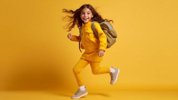 photo d'un événement de retour à l'école avec une fille souriante sur fond jaune et un espace de copie généré par Ai