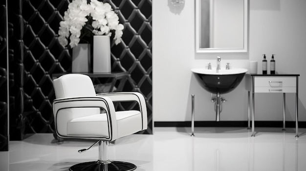 Photo une photo d'un évier et d'une chaise de salon de coiffure avec un décor noir et blanc chic2