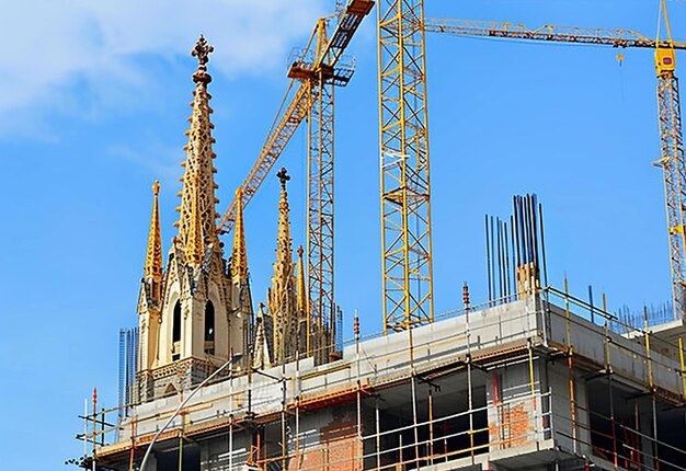 Photo d'une excavatrice travaillant sur un chantier de construction avec un homme installant un mur de briques