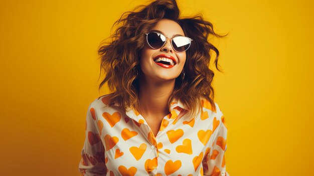 Photo excitée jolie dame dansant fête de la jeunesse d'été porter un cœur lunettes de soleil chemise imprimée isolée fond jaune