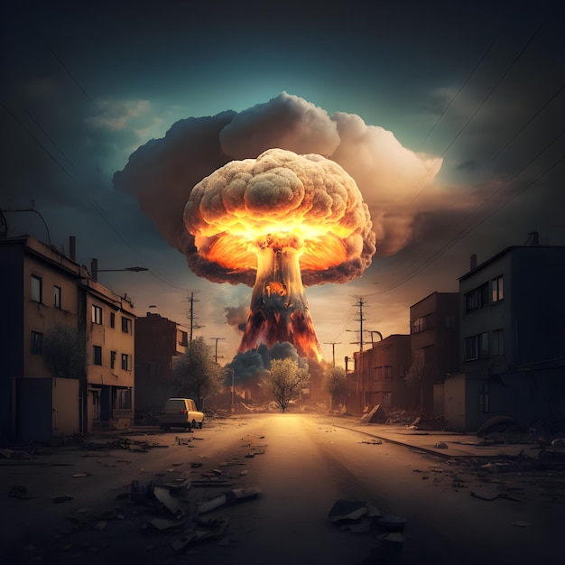 Une photo d'une explosion nucléaire avec un ciel sombre et un bâtiment en arrière-plan.