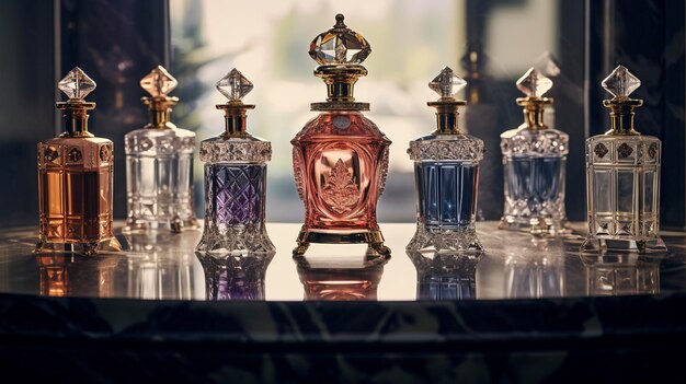 Une photo d'une exposition de bouteilles de parfums haut de gamme