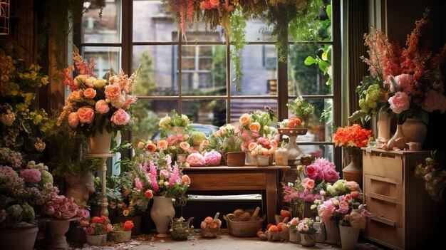 photo d'une exposition florale à thème de jardin dans une fenêtre de fleuriste