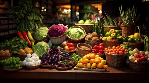 Une photo d'une exposition de fruits et légumes frais sur un marché