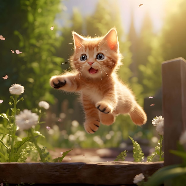 Photo extérieure d'un chaton tigré souriant volant vers nous avec les bras tendus centrés