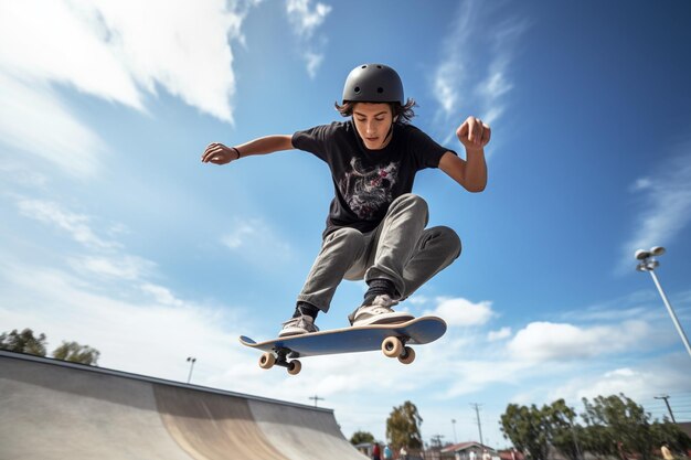 photo à faible angle d'un adolescent au skatepark qui s'amuse