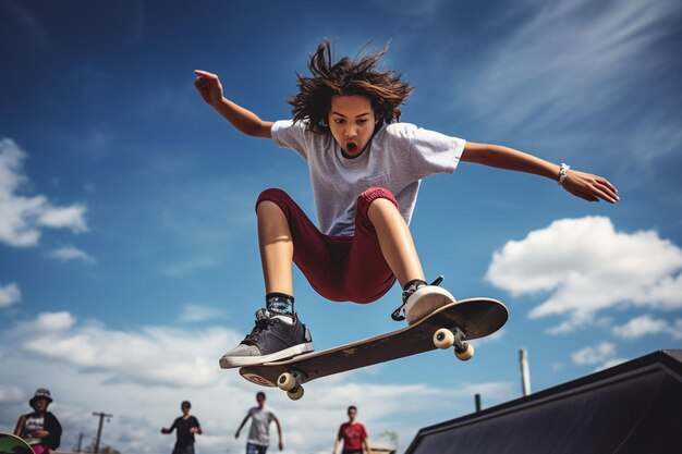 Photo photo à faible angle d'un adolescent au skatepark qui s'amuse