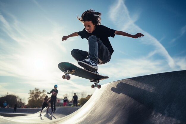 photo à faible angle d'un adolescent au skatepark qui s'amuse