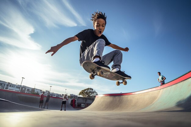 photo à faible angle d'un adolescent au skatepark qui s'amuse